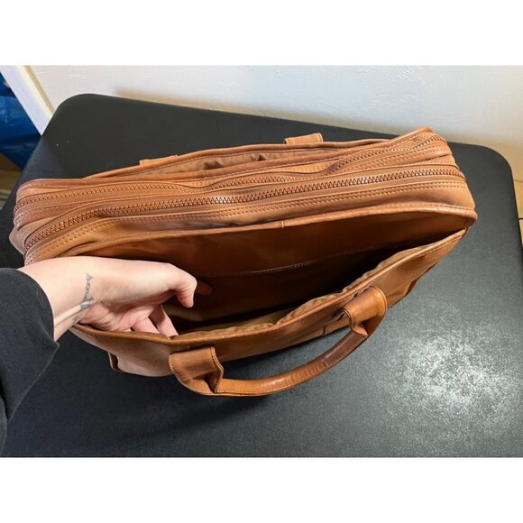 Brown / Tan Leather Satchel Messenger Bag Expandable Shoulder Strap & Handles - Picture 8 of 16